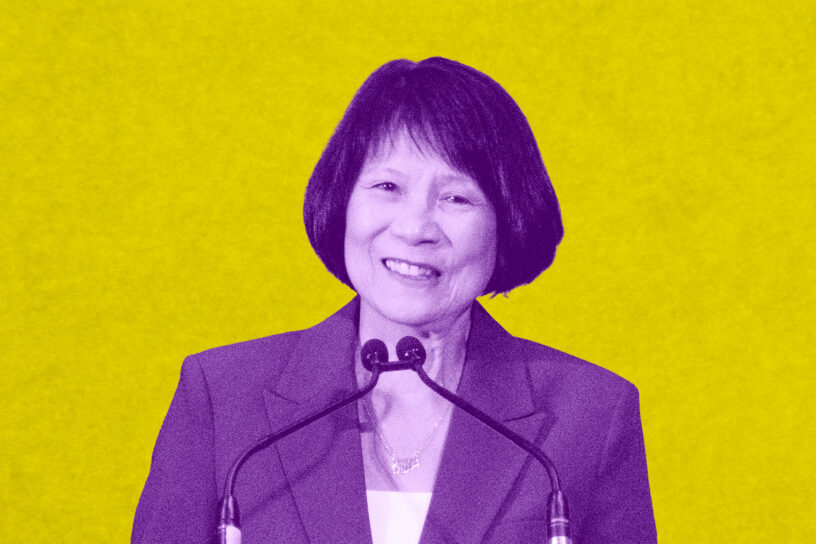 A purple and yellow photo of Olivia Chow.