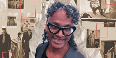 Collage with artist, Nigel Lezama, with framed photos and clothes on mannequins behind them.