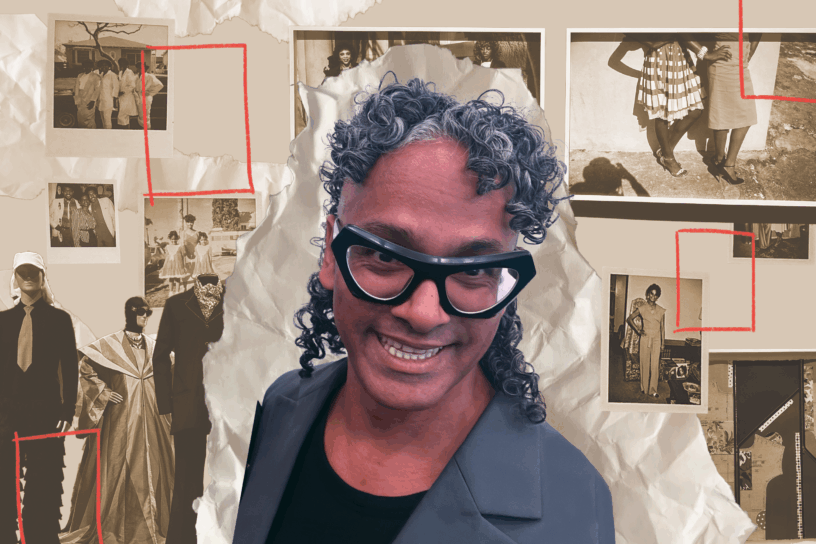 Collage with artist, Nigel Lezama, with framed photos and clothes on mannequins behind them.