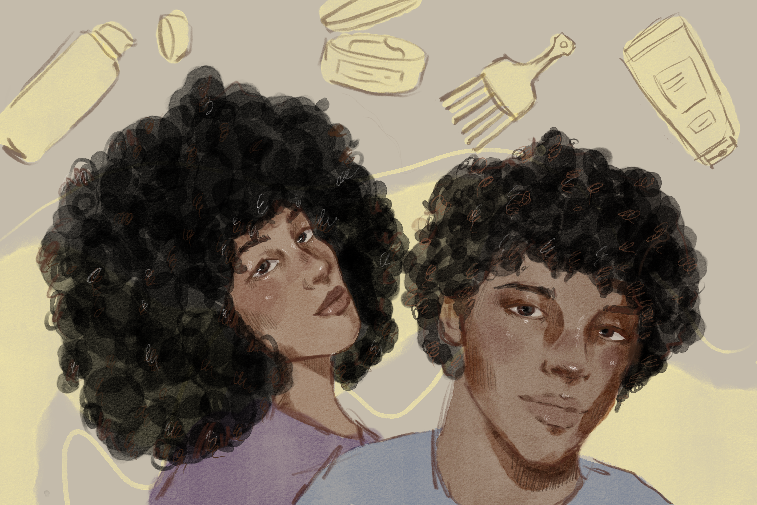 Two people with curly hair and various hair related products around them.