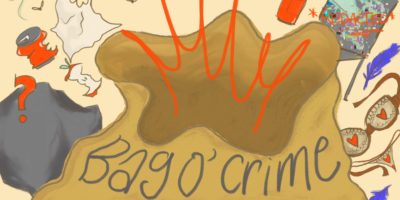 Illustration of an empty bag with a rock, some garbage, a chair with spray paint, lingerie, and some feathers in the back.