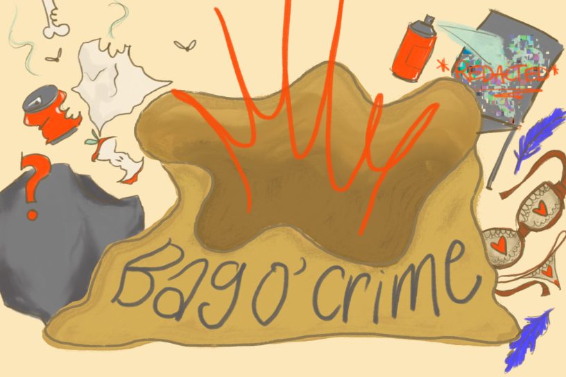 Illustration of an empty bag with a rock, some garbage, a chair with spray paint, lingerie, and some feathers in the back.