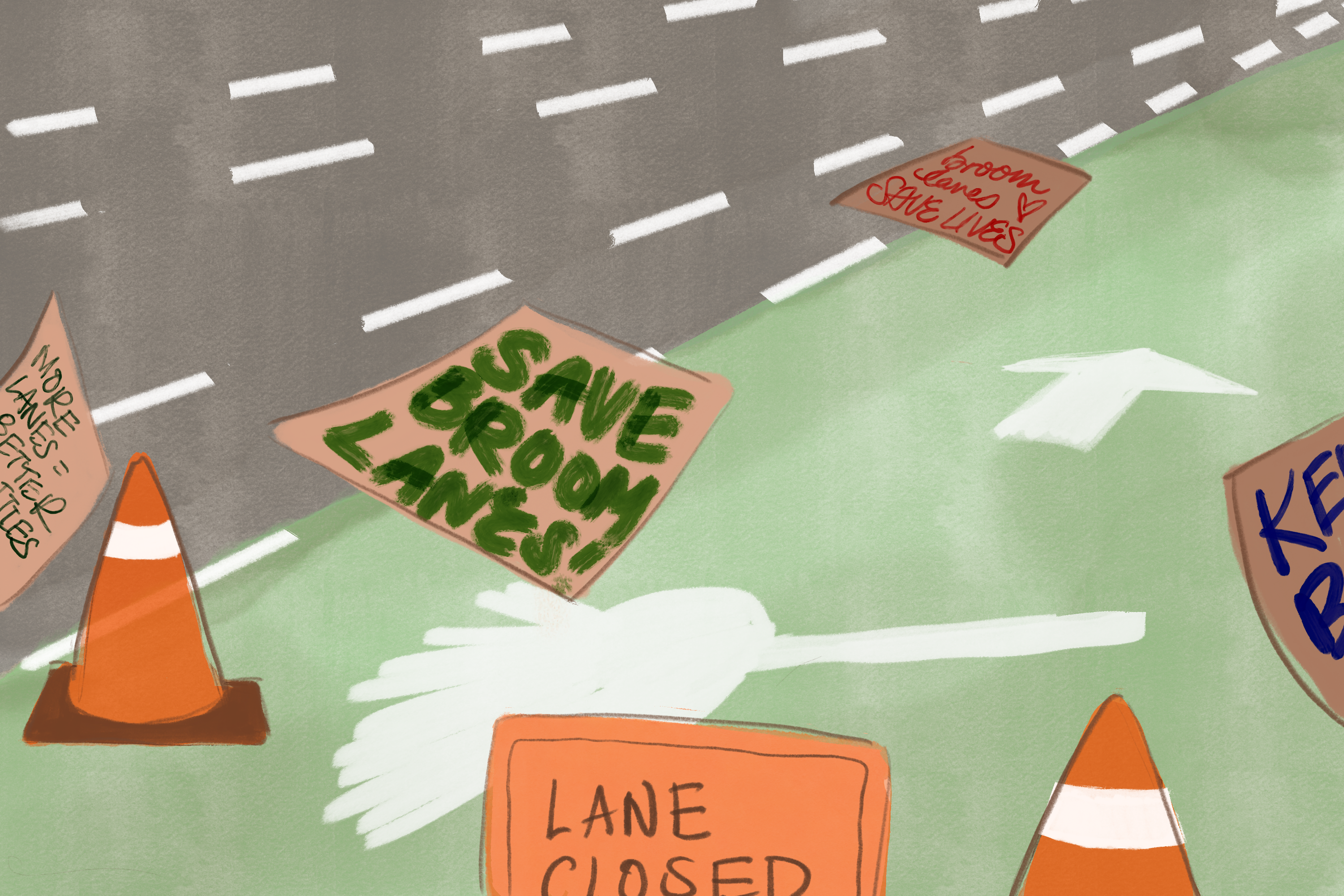 Illustration of road with a green strip and a broom and arrow on it.
