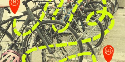 Photo of bikes with an illustration of a dotted green line weaving between the bikes.