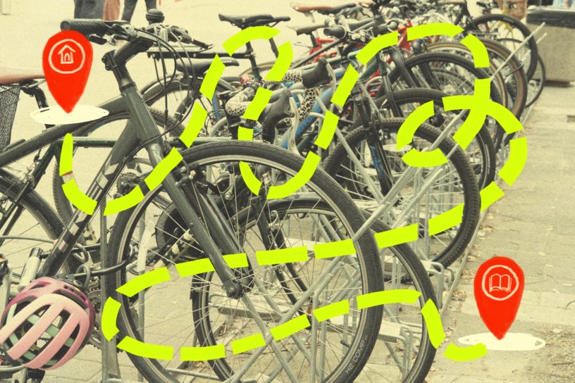 Photo of bikes with an illustration of a dotted green line weaving between the bikes.
