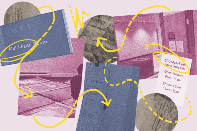 Collage of photos of the multi-faith room with illustrations of lines around the photos.